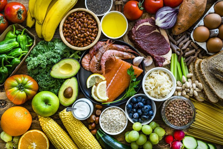 Healthy food and well balanced diet background